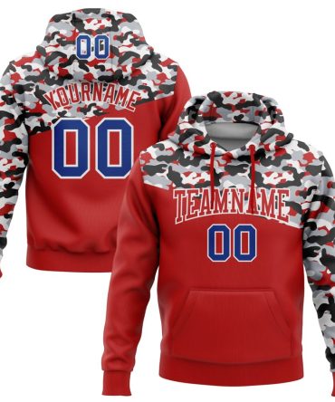 Custom Camo Royal Red Black-Gray 3D Sports Pullover Sweatshirt Salute To Service Hoodie, Gift For Football, Baseball, Hockey, Basketball, Softball & Rugby Fans