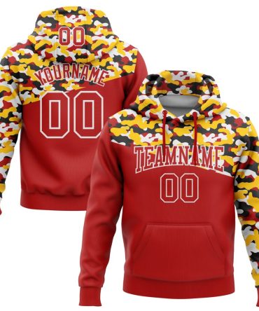 Custom Camo Red Yellow-Black 3D Sports Pullover Sweatshirt Salute To Service Hoodie, Gift For Football, Baseball, Hockey, Basketball, Softball & Rugby Fans