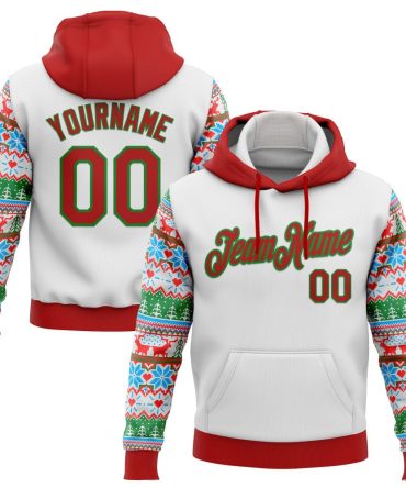 Custom White Red-Grass Green Christmas 3D Sports Pullover Sweatshirt Hoodie, Gift For Football, Baseball, Hockey, Basketball, Softball & Rugby Fans
