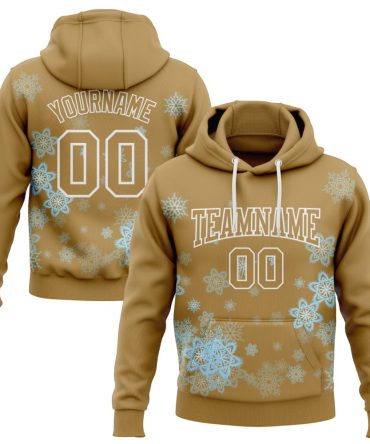 Custom Old Gold White Christmas Snowflakes 3D Sports Pullover Sweatshirt Hoodie, Gift For Football, Baseball, Hockey, Basketball, Softball & Rugby Fans
