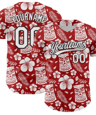Custom Red White-Black 3D Tropical Hawaii Jungle Leaves Flower And Tiki Mask Baseball Jersey, Gift For Baseball Fans