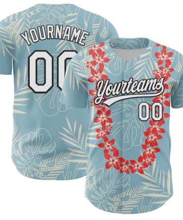 Custom Shadow Blue White-Black 3D Tropical Hawaii Leaves And Flower Baseball Jersey, Gift For Baseball Fans