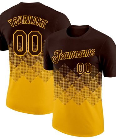 Custom Brown Gold 3D Pattern Design Gradient Square Shapes Performance T-Shirt, For Football, Baseball, Hockey, Basketball, Softball & Rugby Fans