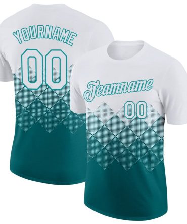 Custom White Teal 3D Pattern Design Gradient Square Shapes Performance T-Shirt, For Football, Baseball, Hockey, Basketball, Softball & Rugby Fans