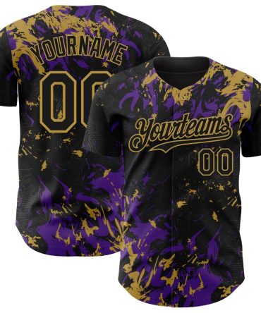 Custom Black Purple-Old Gold Splash Baseball Jersey, Gift For Baseball Fans