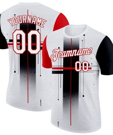 Custom White Black-Red 3D Pattern Design Gradient Cross Sportswear Performance T-Shirt, For Football, Baseball, Hockey, Basketball, Softball & Rugby Fans