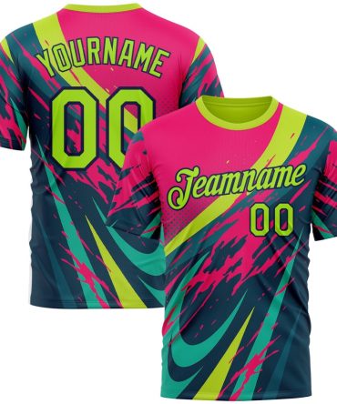 Custom Pink Neon Green-Navy 3D Pattern Design Splash Sportswear Performance T-Shirt, For Football, Baseball, Hockey, Basketball, Softball & Rugby Fans
