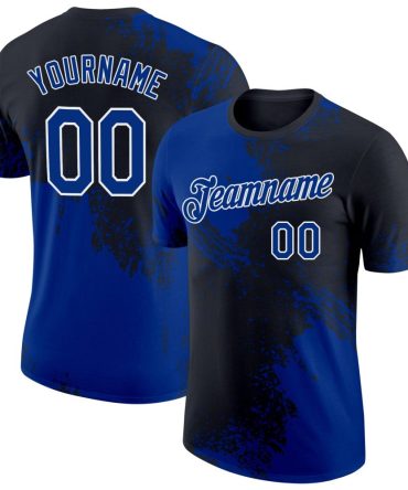 Custom Black Royal-White 3D Pattern Design Abstract Brush Stroke Performance T-Shirt, For Football, Baseball, Hockey, Basketball, Softball & Rugby Fans
