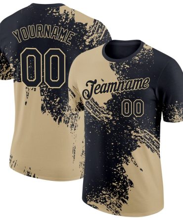 Custom Black Vegas Gold 3D Pattern Design Abstract Brush Stroke Performance T-Shirt, For Football, Baseball, Hockey, Basketball, Softball & Rugby Fans