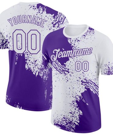 Custom White Purple 3D Pattern Design Abstract Brush Stroke Performance T-Shirt, For Football, Baseball, Hockey, Basketball, Softball & Rugby Fans