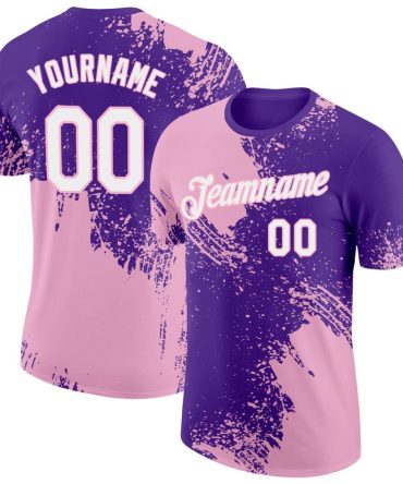 Custom Purple White-Light Pink 3D Pattern Design Abstract Brush Stroke Performance T-Shirt, For Football, Baseball, Hockey, Basketball, Softball & Rugby Fans