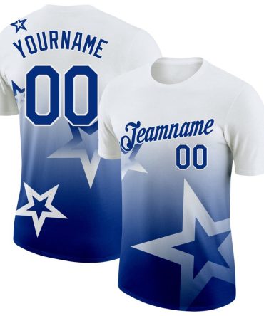 Custom White Royal 3D Pattern Design Gradient Style Twinkle Star Performance T-Shirt, For Football, Baseball, Hockey, Basketball, Softball & Rugby Fans