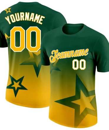 Custom Green Gold-White 3D Pattern Design Gradient Style Twinkle Star Performance T-Shirt, For Football, Baseball, Hockey, Basketball, Softball & Rugby Fans