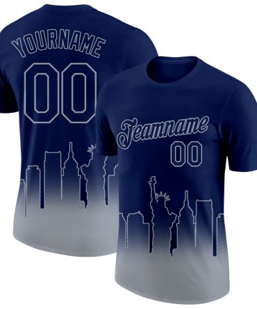 Custom Navy Gray 3D New York City Edition Fade Fashion Performance T-Shirt, For Football, Baseball, Hockey, Basketball, Softball & Rugby Fans