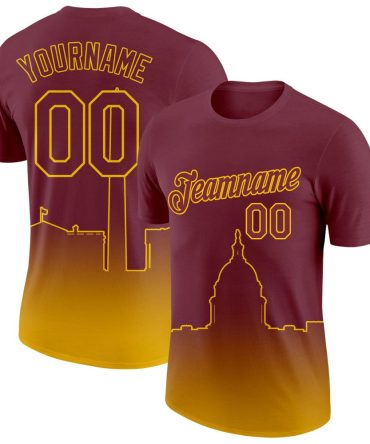 Custom Burgundy Yellow 3D Washington City Edition Fade Fashion Performance T-Shirt, For Football, Baseball, Hockey, Basketball, Softball & Rugby Fans