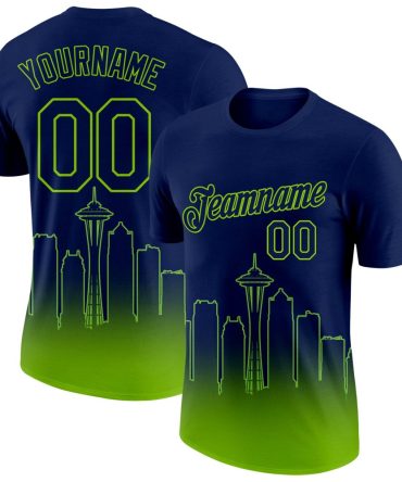 Custom Navy Neon Green 3D Seattle City Edition Fade Fashion Performance T-Shirt, For Football, Baseball, Hockey, Basketball, Softball & Rugby Fans