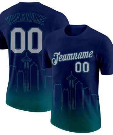 Custom Navy Gray-Teal 3D Seattle City Edition Fade Fashion Performance T-Shirt, For Football, Baseball, Hockey, Basketball, Softball & Rugby Fans