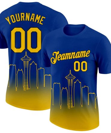Custom Royal Yellow-Black 3D Seattle City Edition Fade Fashion Performance T-Shirt, For Football, Baseball, Hockey, Basketball, Softball & Rugby Fans