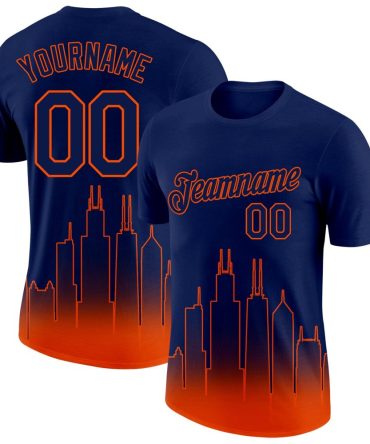 Custom Navy Orange 3D Chicago City Edition Fade Fashion Performance T-Shirt, For Football, Baseball, Hockey, Basketball, Softball & Rugby Fans