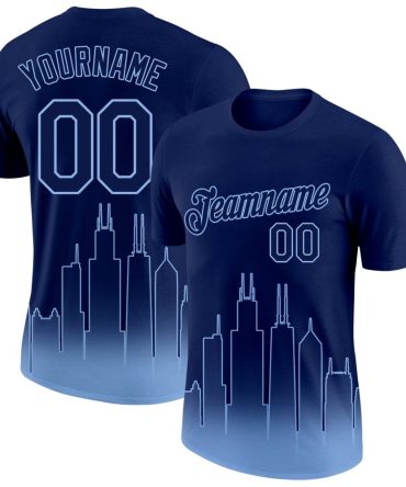 Custom Navy Light Blue 3D Chicago City Edition Fade Fashion Performance T-Shirt, For Football, Baseball, Hockey, Basketball, Softball & Rugby Fans
