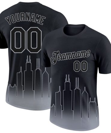 Custom Black Gray 3D Chicago City Edition Fade Fashion Performance T-Shirt, For Football, Baseball, Hockey, Basketball, Softball & Rugby Fans