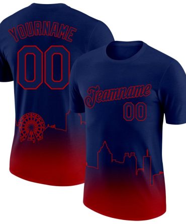 Custom Navy Red 3D Atlanta City Edition Fade Fashion Performance T-Shirt, For Football, Baseball, Hockey, Basketball, Softball & Rugby Fans