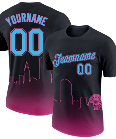 Custom Black Sky Blue-Pink 3D Miami City Edition Fade Fashion Performance T-Shirt, For Football, Baseball, Hockey, Basketball, Softball & Rugby Fans