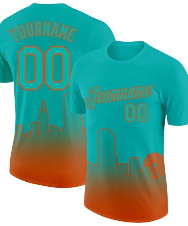 Custom Aqua Orange 3D Miami City Edition Fade Fashion Performance T-Shirt, For Football, Baseball, Hockey, Basketball, Softball & Rugby Fans