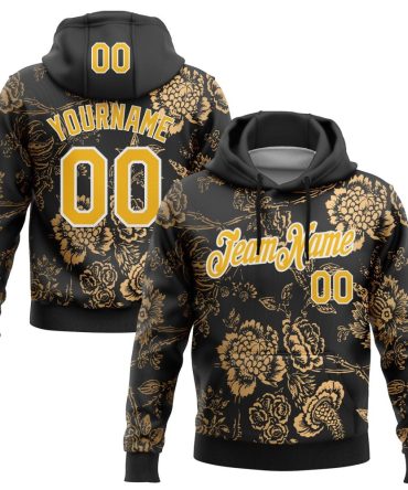 Custom Black Gold-White 3D Pattern Design Golden Subtle Floral Sports Pullover Sweatshirt Hoodie, Gift For Football, Baseball, Hockey, Basketball, Softball & Rugby Fans