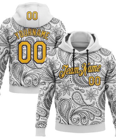 Custom White Gold-Navy 3D Pattern Design Ethnic Paisley Floral Bandana Sports Pullover Sweatshirt Hoodie, Gift For Football, Baseball, Hockey, Basketball, Softball & Rugby Fans