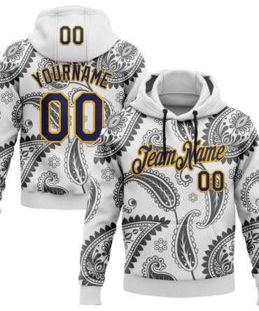 Custom White Navy-Gold 3D Pattern Design Ethnic Paisley Floral Bandana Sports Pullover Sweatshirt Hoodie, Gift For Football, Baseball, Hockey, Basketball, Softball & Rugby Fans
