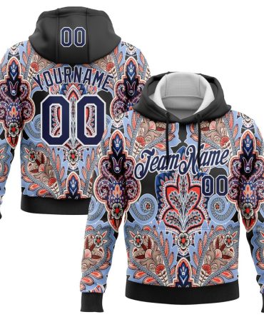 Custom Black Navy-White 3D Pattern Design Ethnic Paisley Floral Bandana Sports Pullover Sweatshirt Hoodie, Gift For Football, Baseball, Hockey, Basketball, Softball & Rugby Fans