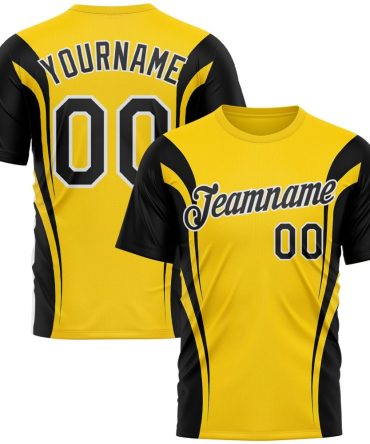 Custom Yellow Black-White 3D Pattern Design Germany Color Block Sportswear Performance T-Shirt, For Football, Baseball, Hockey, Basketball, Softball & Rugby Fans