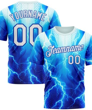 Custom Blue White-Thunder Blue 3D Pattern Design Lightning Sportswear Performance T-Shirt, For Football, Baseball, Hockey, Basketball, Softball & Rugby Fans