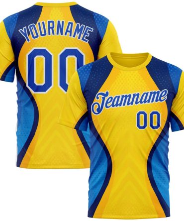 Custom Yellow Thunder Blue Blue-White 3D Pattern Design Brazil Color Block Sportswear Performance T-Shirt, For Football, Baseball, Hockey, Basketball, Softball & Rugby Fans