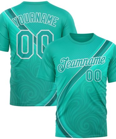 Custom Green Aqua-White 3D Pattern Design Sportswear Performance T-Shirt, For Football, Baseball, Hockey, Basketball, Softball & Rugby Fans