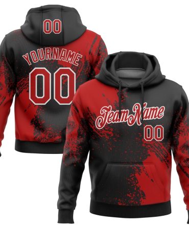 Custom Black Red-White 3D Pattern Design Abstract Brush Stroke Sports Pullover Sweatshirt Hoodie, Gift For Football, Baseball, Hockey, Basketball, Softball & Rugby Fans