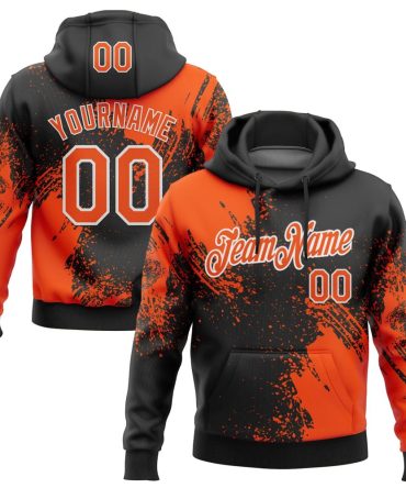 Custom Black Orange-White 3D Pattern Design Abstract Brush Stroke Sports Pullover Sweatshirt Hoodie, Gift For Football, Baseball, Hockey, Basketball, Softball & Rugby Fans