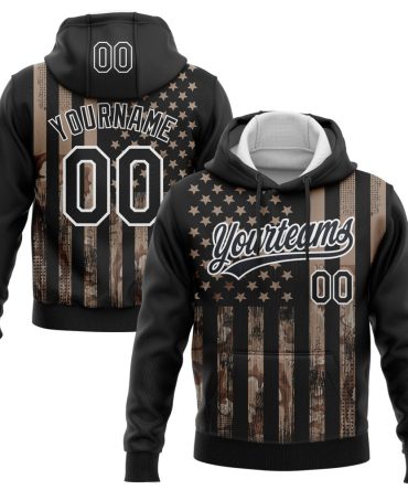 Custom Black Camo-White 3D American Flag Sports Pullover Sweatshirt Hoodie, Gift For Football, Baseball, Hockey, Basketball, Softball & Rugby Fans