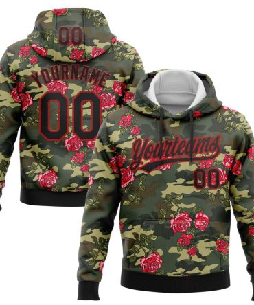 Custom Camo Black-Red 3D Rose Sports Pullover Sweatshirt Salute To Service Hoodie, Gift For Football, Baseball, Hockey, Basketball, Softball & Rugby Fans