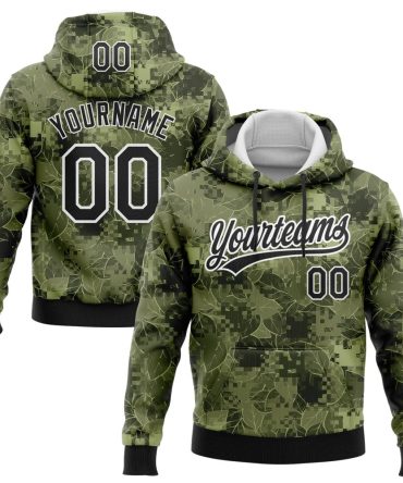 Custom Camo Black-White 3D Leaves Sports Pullover Sweatshirt Salute To Service Hoodie, Gift For Football, Baseball, Hockey, Basketball, Softball & Rugby Fans