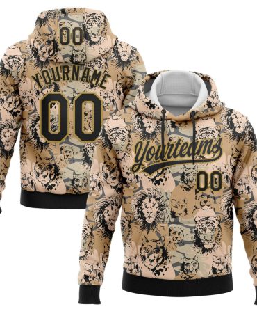 Custom Camo Black-Old Gold 3D Animal Lion And Tiger Sports Pullover Sweatshirt Salute To Service Hoodie, Gift For Football, Baseball, Hockey, Basketball, Softball & Rugby Fans