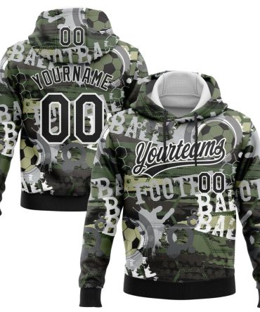Custom Camo Black-White 3D Football Sports Pullover Sweatshirt Salute To Service Hoodie, Gift For Football, Baseball, Hockey, Basketball, Softball & Rugby Fans
