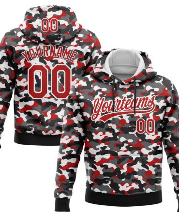 Custom Camo Red-White 3D Sports Pullover Sweatshirt Salute To Service Hoodie, Gift For Football, Baseball, Hockey, Basketball, Softball & Rugby Fans