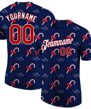 Custom Navy Red-White Christmas 3D Performance T-Shirt, For Football, Baseball, Hockey, Basketball, Softball & Rugby Fans