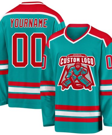 Custom Aqua Red-White Hockey Jersey, Gift For Hockey Fans