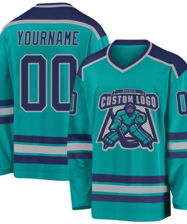Custom Aqua Navy-Gray Hockey Jersey, Gift For Hockey Fans