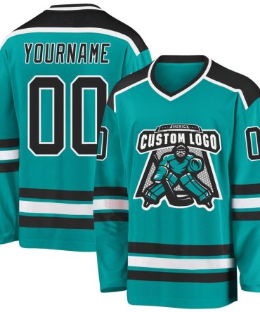 Custom Aqua Black-White Hockey Jersey, Gift For Hockey Fans