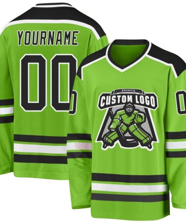 Custom Neon Green Black-White Hockey Jersey, Gift For Hockey Fans