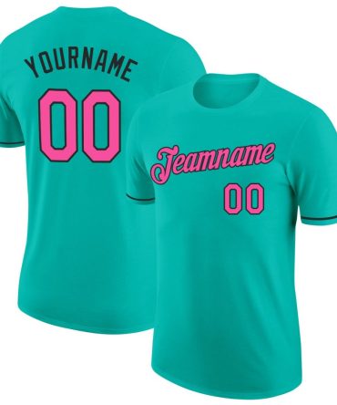 Custom Aqua Pink-Black Performance T-Shirt, For Football, Baseball, Hockey, Basketball, Softball & Rugby Fans